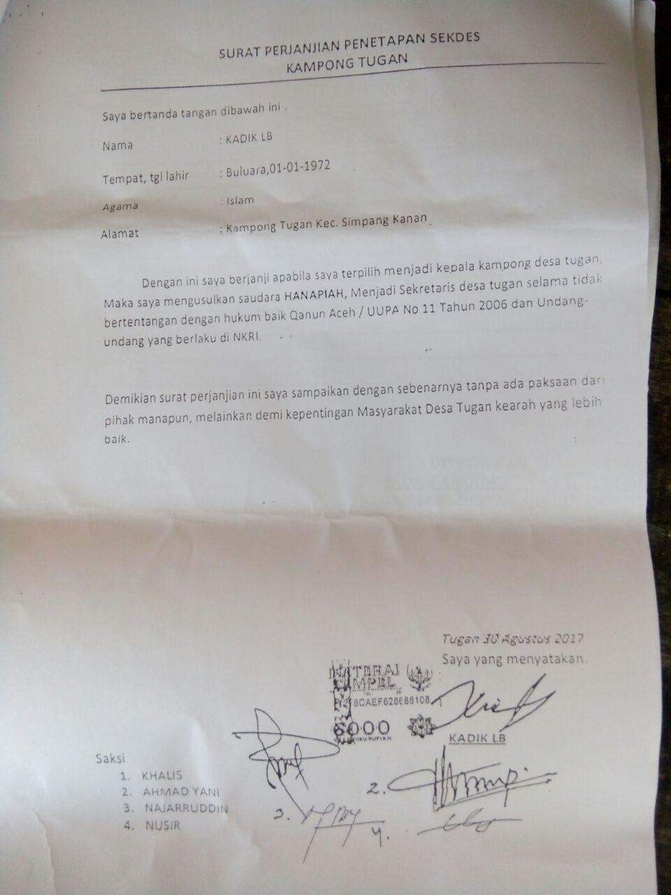 Contoh Surat Perjanjian Calon  Kepala  Desa  Gawe CV