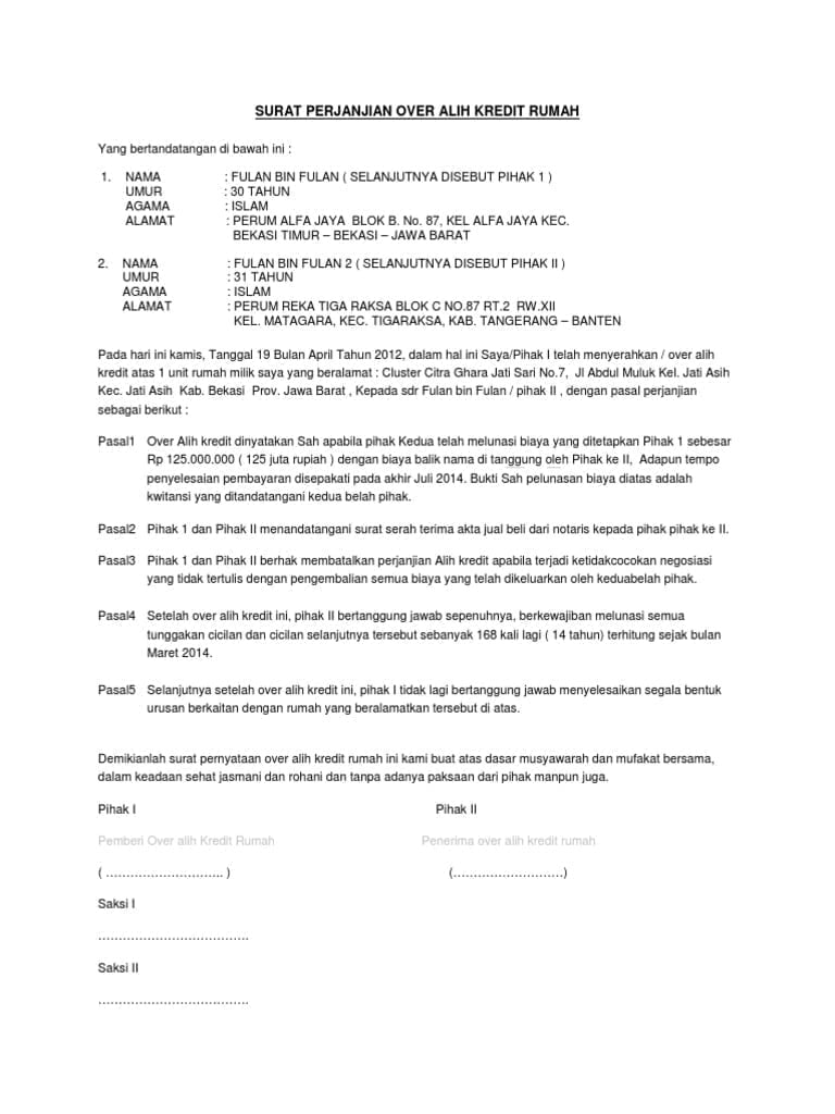 Contoh Surat Perjanjian Over Kredit Rumah Gawe Cv