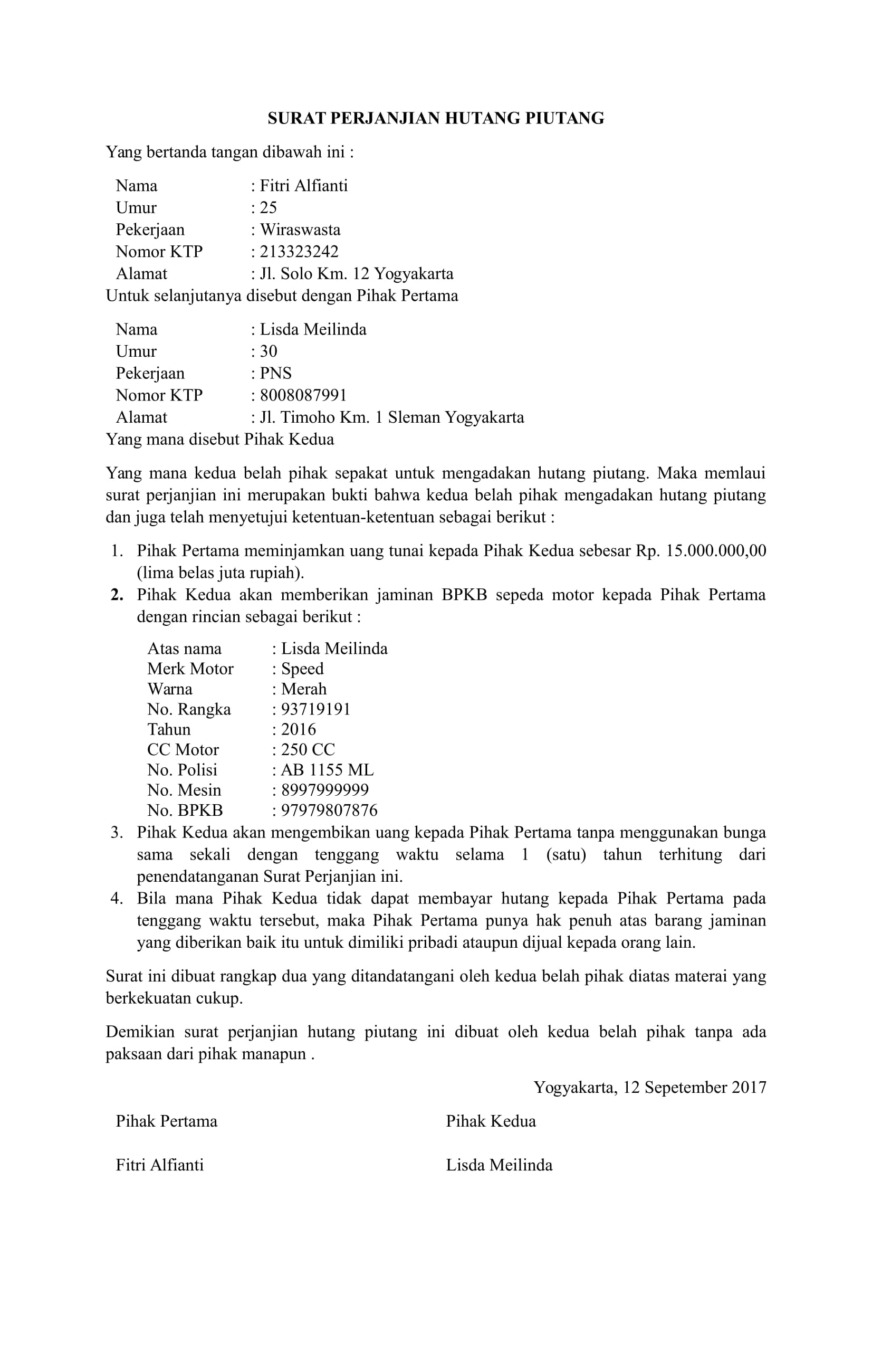 Contoh Surat Pernyataan Hutang Piutang Gawe Cv