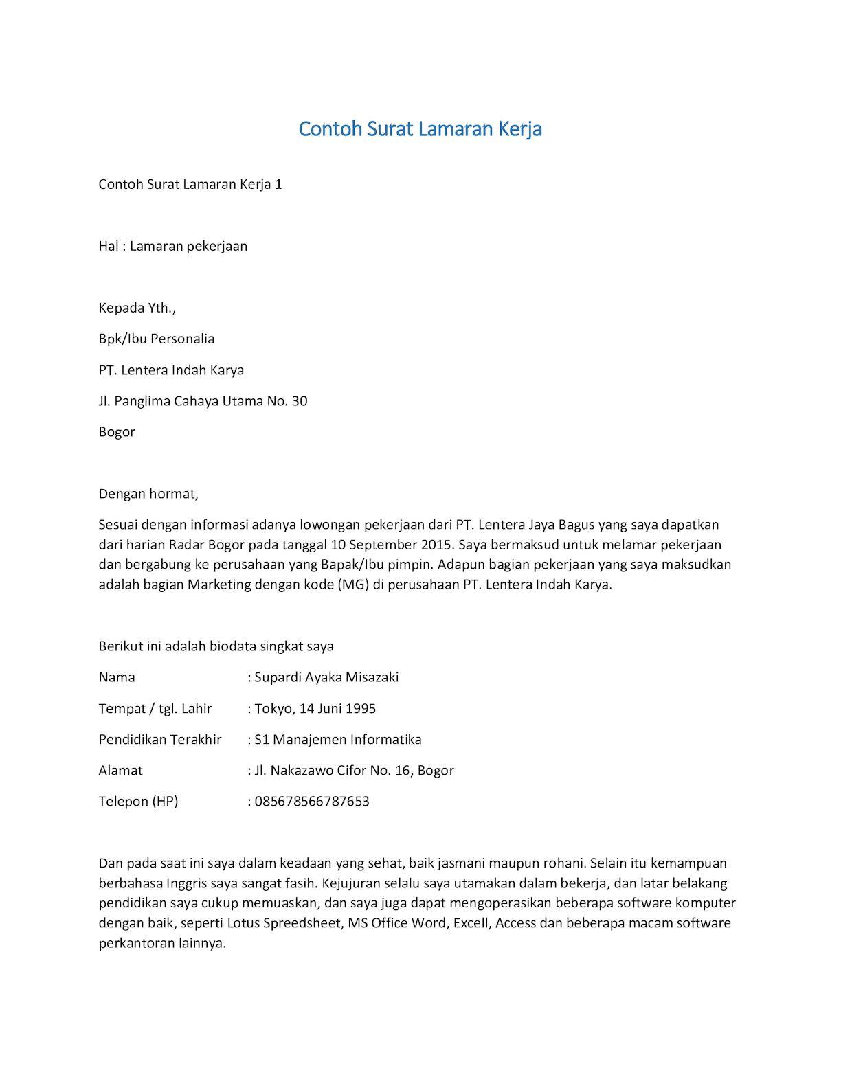 Contoh Surat Lamaran Kerja Untuk Pt Epson Gawe Cv